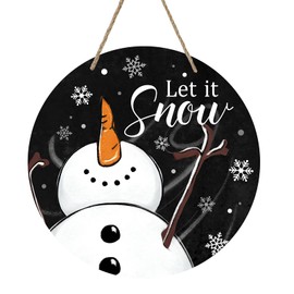 Deroro Let It Snow Snowman Sign for Front Door Decor, Winter Welcome Farmhouse Wood Door Hanger for Outdoor Outside Porch, Rustic Snowflakes Black Wooden Wreath Wall Hanging Decoration