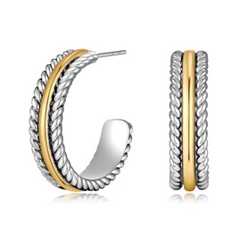 Two Tone Hoop Earrings for Women Stylish Mix Metal Silver & Gold Plated Twisted Rope C Shaped Hoop Earrings Fashion Jewelry Gift