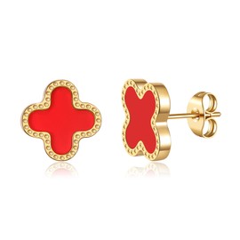 Youzealou 18K Gold Plated Clover Earrings for Women Four Leaf Clover Stud Earrings Lucky Dangle Earrings Simple Jewelry Gifts for Women (Gold + Red)
