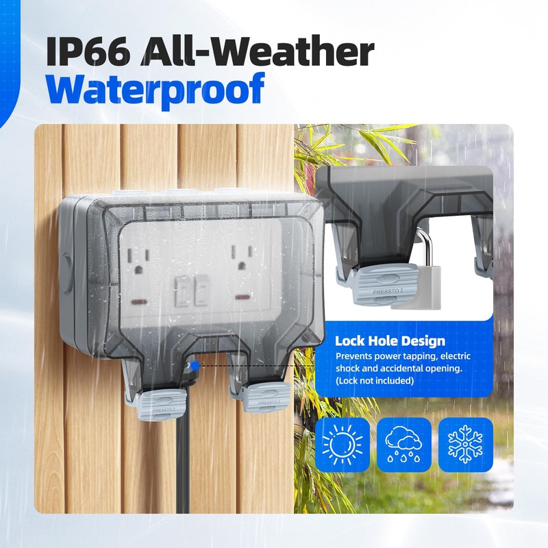 Outdoor Power Outlet Box with 26.3Ft Extension Cord, NEMA 5-15R,