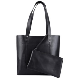 Genuine Leather Tote Bag for Women-Spacious, Versatile Work, Laptop, or Travel Tote w/Wristlet-Made to Last (Black)