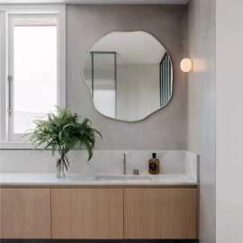 POZINO Asymmetrical Mirror, 25" Irregular Wall Mirrors, Modern Scalloped Round Mirror, Gold Waved Decorative Rounded Mirrors for Bathroom Living Room Bedroom Entryway Fireplace