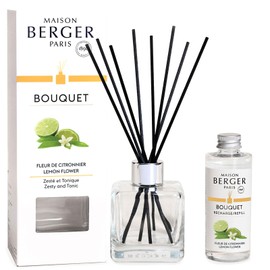MAISON BERGER - Reed Diffuser Clear Glass Scented Bouquet - 8 Black Reed Sticks (8.3 inches) - Includes 100 Milliliters (3.4 Fluid Ounces) Fragrance Refill (Lemon Flowers)