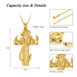 XSMZB Cross Cremation Jewelry Urn Necklace for Human Ashes Fish Hook Memorial Urn Pendant Deer Antler Cross Ashes Holder Keepsake Jewelry(Gold)