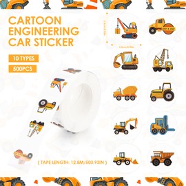 Pack of 500 Car Digger Stickers for Children, 12 Patterns Construction Site Digger Stickers, Vehicle Tractor Decoration Sticker for Children's Birthday Bottle Laptop Album Party Bag Gifts Boys Girls