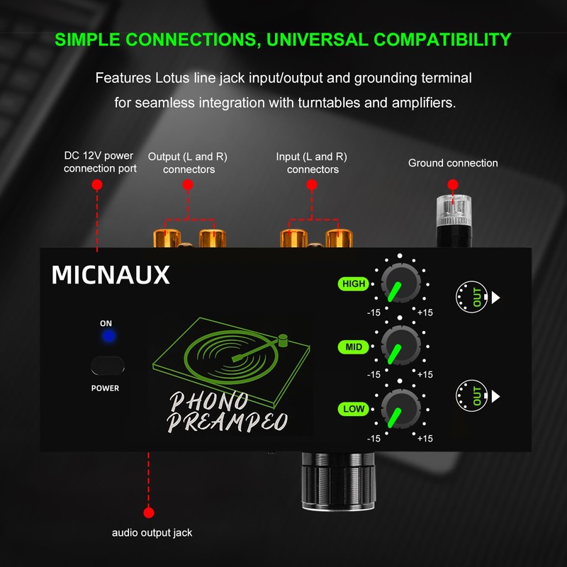 MICNAUX Phono Preamp for Turntable, Mini Hi-Fi Preamplifier with 3