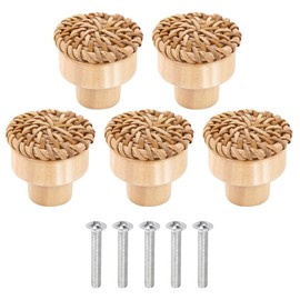 Ieron 5 Pack Boho Rattan Drawer Knobs Round Wood Handmade Woven Wicker Knobs for Cabinets Dresser Pulls Unique Cabinet Knobs for Home Decor