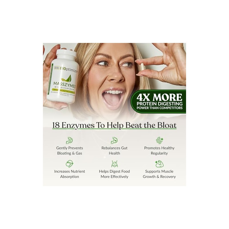 Bioptimizers Masszymes Suplemento Completo Enzimas Digestivas Salud Intestinal Alivio Hinchazón