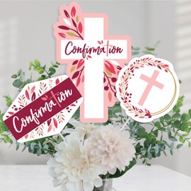 Confirmation Pink Elegant Cross - Girl Religious Party Centerpiece Sticks - Table Toppers - Set of 15