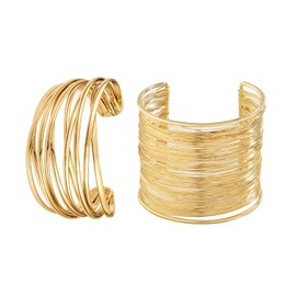 2PCS Gold Cuff Bracelet for Women, Chunky Open Cuff Bangles Bracelet Boho Stackable Bracelets Adjustable Wide Bracelets for Women Teen Girls (Gold Bangle Set 2)