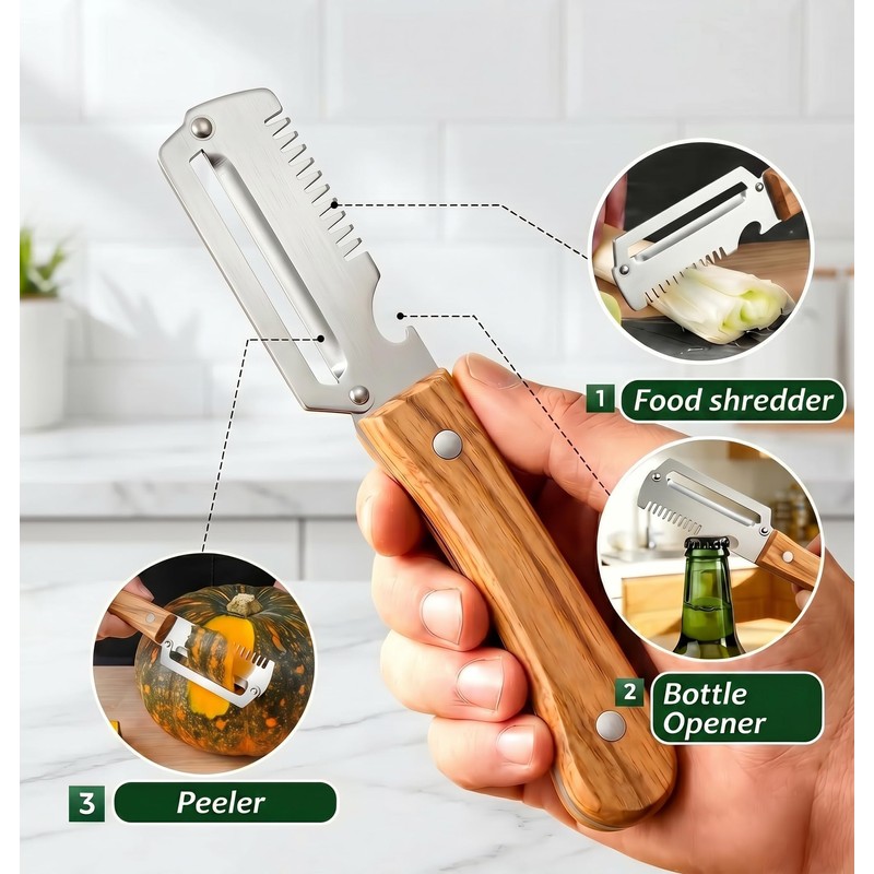 3-in-1 Multifunctional Vegetable Peeler, Curved Stainless Steel Blade Wooden Handle