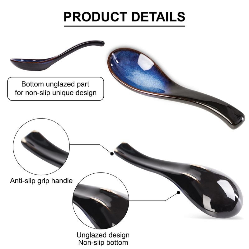 Asian Soup Spoon Set, Blue Japanese Soup Spoon Ceramic Chinese
