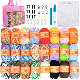 24 Pack Beginners Crochet Yarn Rainbow Cotton Crochet Yarn for Crocheting Knitting Beginners with Easy-to-See Stitches Easy Crochet Yarn for Beginners Crochet Kit-24x25g（with Storage Bag）