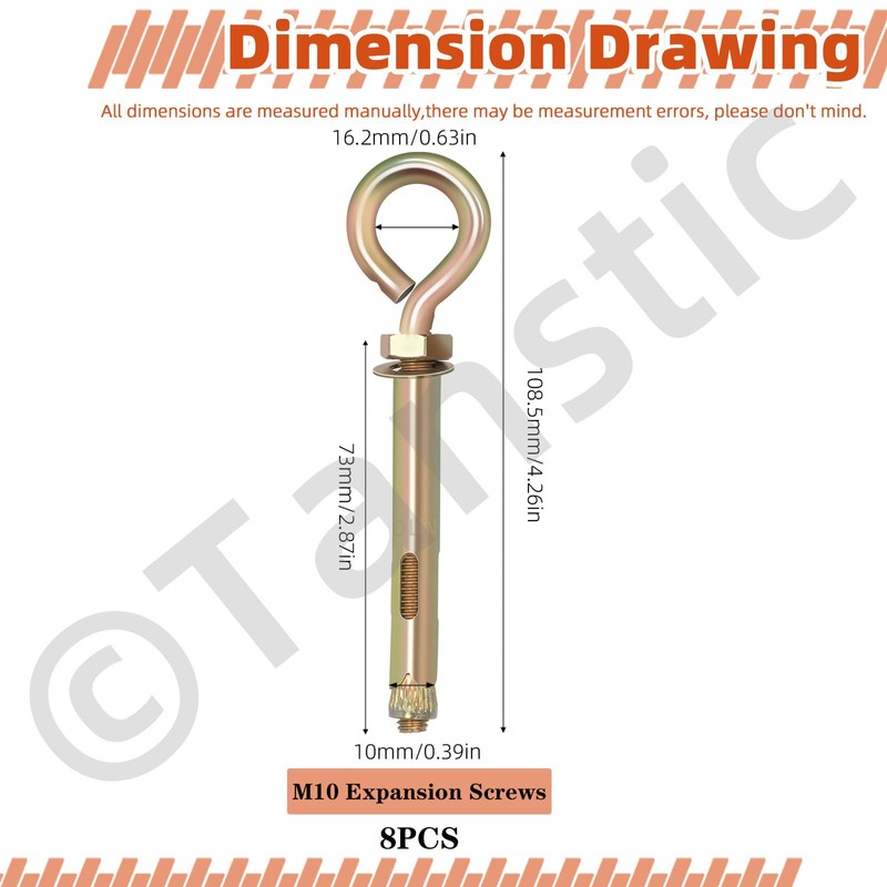 Tanstic 8Pcs M10 Concrete Eye Bolt Expansion Eyebolt Concrete Anchor