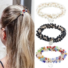 ZILZUFA Pack of 3 Pearl Crystal Hair Scrunchies, 3 Colours Hair Bobbles for Women, Bracelet Hair Scrunchies, Elastic Hair Bands, Hair Styling Accessories for Girls and Women