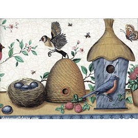 Blue Brown Birdhouses Wallpaper Border 30372131
