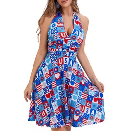 CVCPP Women's 4th of July Dress American Flag Halter V Neck Sleeveless USA Patriotic Ruffle Mini Dresses with Pocket Cd04-05-L