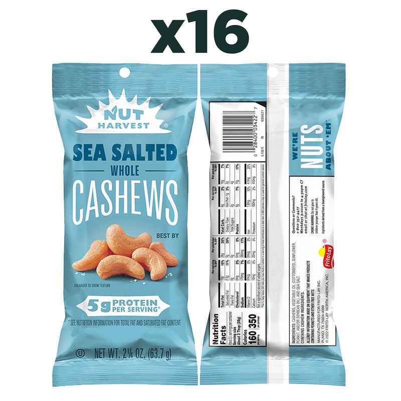 Nut Harvest, Sea Salted Whole Cashews, 2.25 Ounce (Pack of
