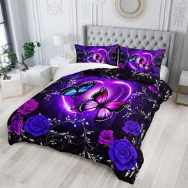 Tuzaovy Butterfly Comforter Set Queen,Butterfly Bedding Sets for Girls，Butterfly Decorations for Bedroom,Dreamy Butterfly Comforter Set,Purple Butterfly Bedding Black and Purple Butterfly Comforter