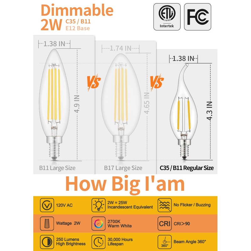 CRLight ETL Listed 2W Dimmable LED Candelabra Bulb 2700K Warm