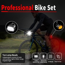JIEYOUTA Combinación De Faro Y Luz Trasera De Bicicleta, 8+9 Lluminación Modos, 10+10 Cuentas Lámpara LED Superbrillantes, Adecuado para Conducción Nocturna, Carga por Conector Type-C