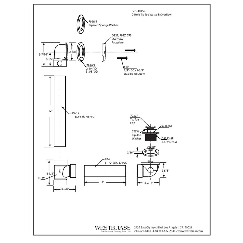 Westbrass A4932-62 1-1/2" x 12" Bath Waste & Overflow Assembly