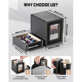 ZLCA MTG Deck Box, Commander Deck Box with Display Window, Card Deck Box Holds 100 Double-Sleeved Cards with Dice Tray & 35pt Magnetic Card Holder（Black& gold