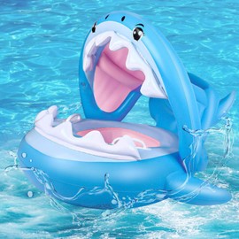 AFPYC Flotador de Piscina para Niño, Lindo para Piscina, con Toldo Extraíble, Soporte Inferior Seguro, Flotador para Niño, Juguetes de Fiesta de Natación en la Playa（Tiburón Blanco Azul）