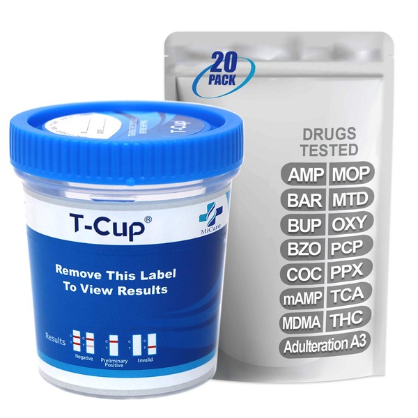 MiCare [20pk] - 14-Panel Multi Test Cup (AMP/BAR/BUP/BZO/COC/mAMP/MDMA/MOP/MTD/OXY/PCP/PPX/TCA/THC with A3) #MI-TDOA-1145A3