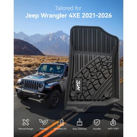 3W Floor Mats & Cargo Liner Custom Fit for Jeep Wrangler 4XE 2021-2025 2026 (Non JL/JK), All Weather TPE Rubber Heavy Duty Car Liner Trunk Mat Wrangler 4XE Accessories (Hybrid & 4 Door with Subwoofer)