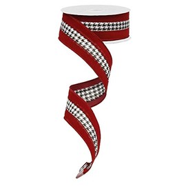 Wired Ribbon - Houndstooth Velvet, White Black Crimson- 1.5" x 10yd