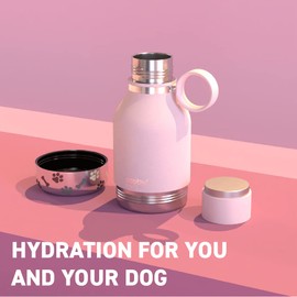 Asobu Dog Bowl Attached to Stainless Steel Insulated Travel Bottle for Human 37oz/1.1 Liter with Detachable Dog Bowl (Pink)