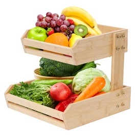 KISENG Bamboo 2 Tier Fruit Basket for Kitchen Counter, Large Fruit Vegetable Basket Storage, with 2 Banana Hangers, Countertop Fruit Holder for Produce Bread Onion Storage Snack Organizer, Natural