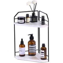 INIUNIK Corner Bathroom Counter Organizer - 2 Tier Wood Vanity Counter Shelf Perfume Skincare Holder, Countertop Corner Shelf Organizer for Bathroom, Kitchen, Rustic White