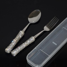Bestbling Bling Rhinestone Crystal Dazzling Culinary Utensils Travel Set for Office, Lunch, and Travel (2, Silver)