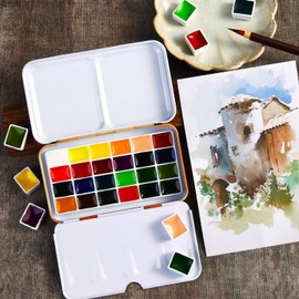 MEI COLOUR Handmade Watercolor Paint Set for Adult Artists, 24 Colors Portable Travel Solid Watercolor Palette Half Pans in Tin Box