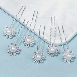 YUEKISEN 6pcs Flower Pearl Wedding Hair Pins Silver Rhinestone Hair Piece Pearl Bride Wedding Hair Accessories for Women Flower Bridal Hair Pins Clips