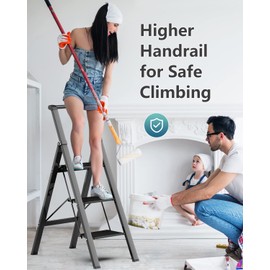 SOLADDER 3 Step Ladder, Slim Folding Steps Stool with Handrail, Lightweight Aluminum Alloy Foldable Black Ladder with Anti-Slip Wide Pedal, for Home, Kitchen, Office, Garage Use (330 lbs Capacity)