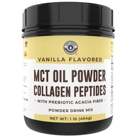 Keto MCT Oil Powder + Collagen + Prebiotic Acacia Fiber, Vanilla Flavor, 16oz. MCT Oil Powder from Coconuts. Grass Fed Collagen, Perfect for Keto, 0 Net Carb, Stevia, Erythritol, Powdered Drink