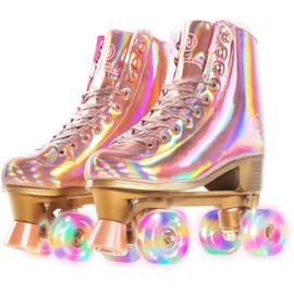 JajaHoho Roller Skates for Women, Holographic High Top Classic Rollerskates, Flashing Shiny Double-Row Four Pink Glitter Light up Wheels Quad Skates Girls Age 5-50 Indoor Outdoor (Size 7, Rose Gold)