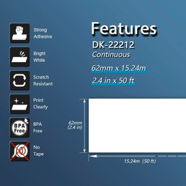 BETCKEY - 1 Roll DK-22212 Labels, 62mm x 15.24m, 1 Continuous Length Film Labels Compatible with Brother QL Label Printers