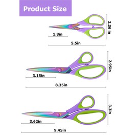 3 Pack Multipurpose Scissors Set with Titanium Blades and Comfort Grip Handles, All Purpose Craft Sissors for Office Home Sewing Crafts,Purple&Green Handle