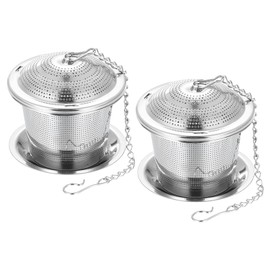 sourcing map 2 Pcs Tea Infuser Filter with Lid, Drip Tray, Chain, Fine Mesh Loose Tea Steeper, Stainless Steel Tea Strainer for Brew Loose Leaf Tea, Small Size