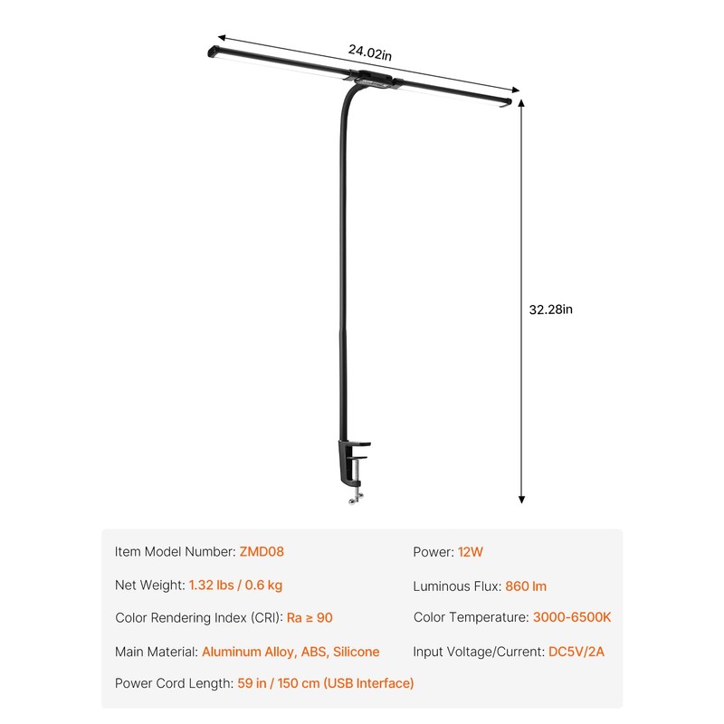 VEVOR LED Desk Lamp with Clamp, Double Head Architect Desk
