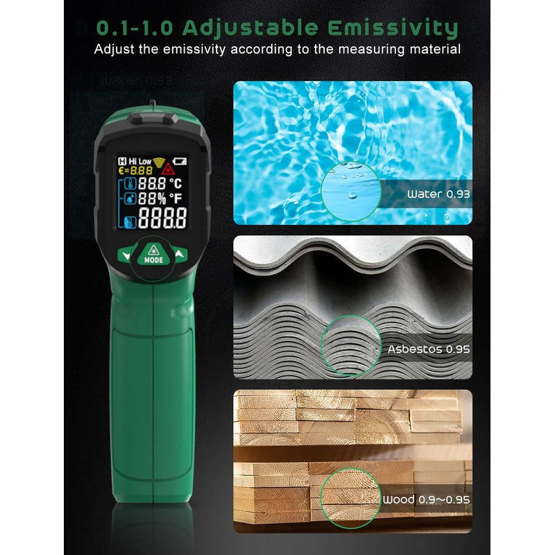 Infrared Thermometer, SQECH Laser Thermometer -50℃~800℃(-58℉~1472℉), with Ambient Temperature/Humidity/Adjustable Emission/Coloured