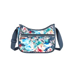 LeSportsac Tropical Vibes Classic Hobo Crossbody Bag + Cosmetic Bag, Style 7520/Color E629, Festive Tropical Paradise, Artfully Arranged Colorful Hibiscus Flowers & Palm Trees, Endless Summer Vibe