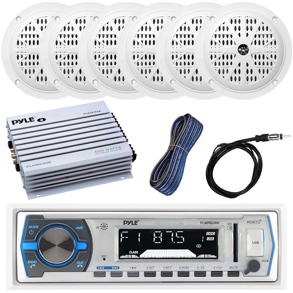 Pyle Bluetooth Marine Stereo Receiver(White) w/Pyle Waterproof Stereo Speakers (White)