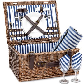 Wicker Picnic Basket for 2 with Waterproof Picnic Blanket, Picnic Set for 2 with Sand-Proof Beach Mat,Willow Hamper Service Set for Camping and Outdoor Party