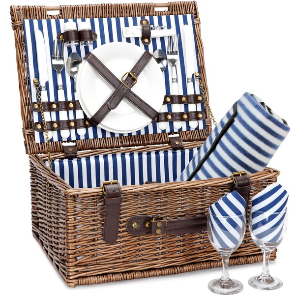 Wicker Picnic Basket for 2 with Waterproof Picnic Blanket, Picnic