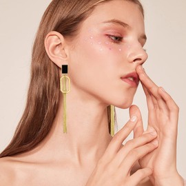 TIANHONGYAN Chic Gold Long Tassel Dangle Drop Earrings Unique Fashion Geometric Black Square Metal Chain Earrings Statement for Woman (gold)